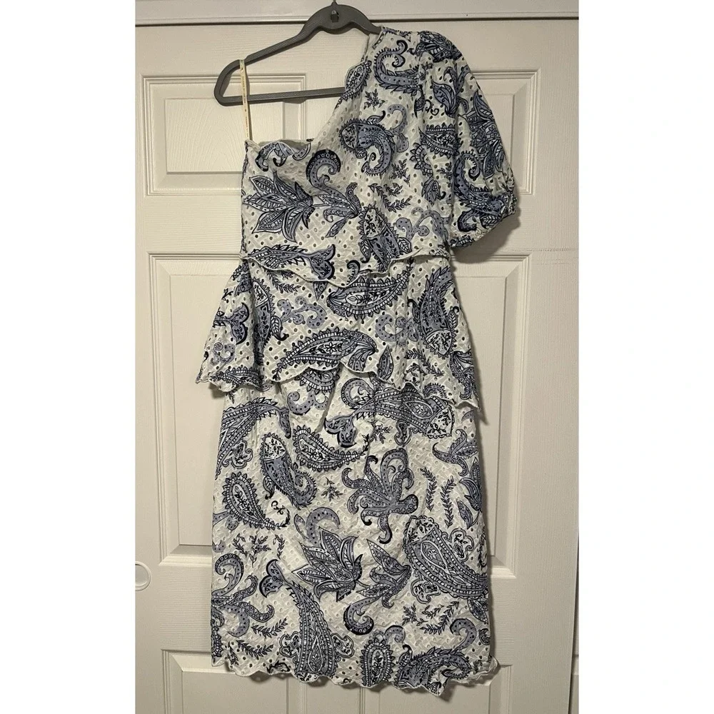 Farm Rio $258 One Shoulder Eyelet Midi‎ Dress White Blue Asymmetric Boho Resort